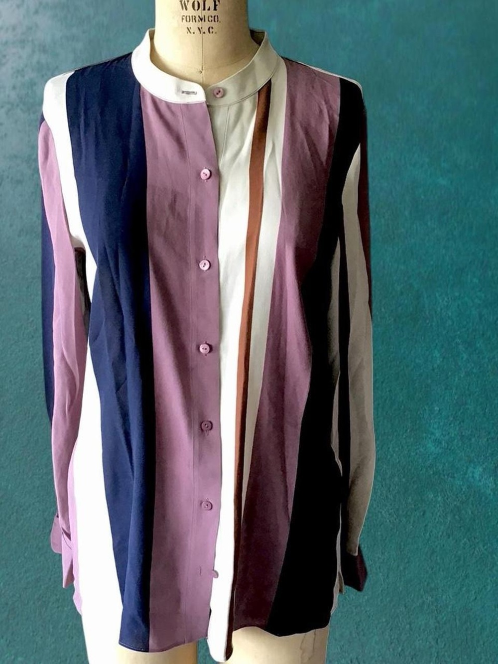 Eileen Fisher Striped Band-Collar Silk Blouse in Mauve, Navy, White & Brown